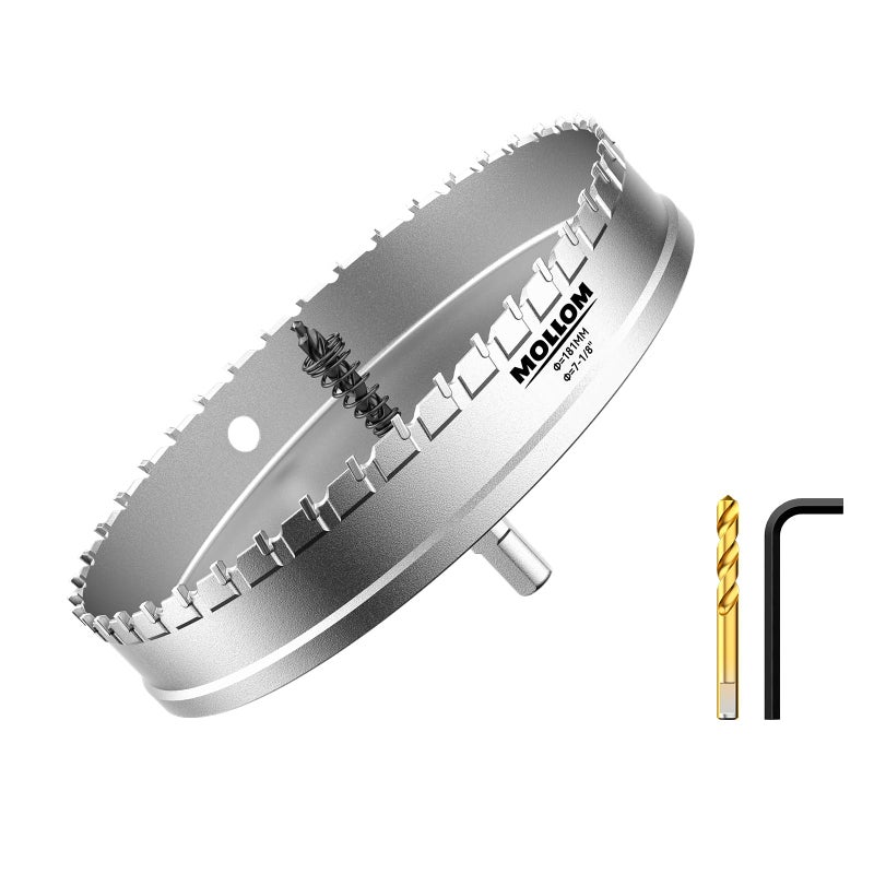 Mollom (7-1/8''|181mm) Heavy Duty Carbide Hole Saw with 2 Pilot Drill Bits  Hole Cutter cuts Stainless Steel  mild Steel  Iron  Copper  Brass  Plastic - Image 1